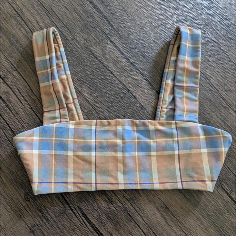WeWoreWhat Plaid Crop Top Bralette Tan Blue Square Neck Small